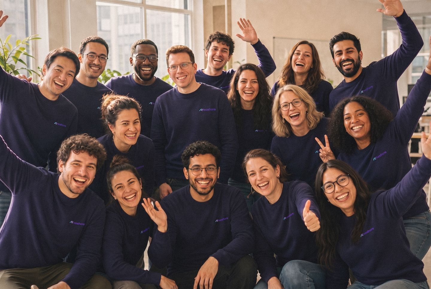 L'équipe en pulls Neoshore, bras levés et grands sourires, réunie pour une photo de groupe dans un bureau lumineux