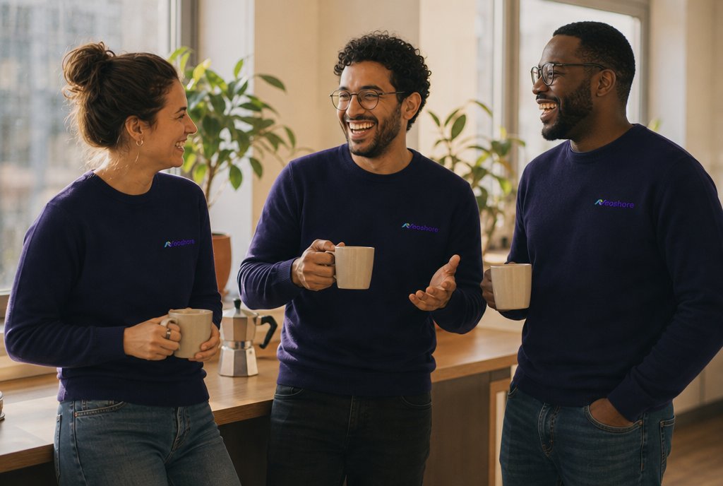 Trois collègues en pulls Neoshore rient autour d'un café, tasses en main, devant la fenêtre
