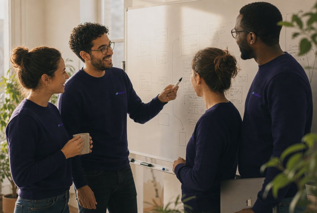 Quatre collègues en pulls Neoshore devant un tableau blanc, en train de cadrer une recherche