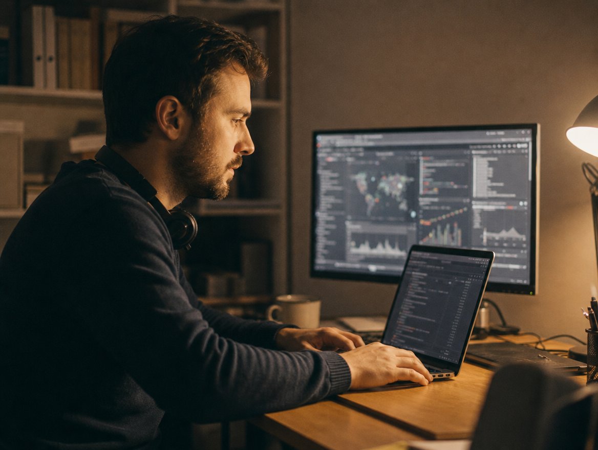 A focused analyst in front of security dashboards, lit by a desk lamp