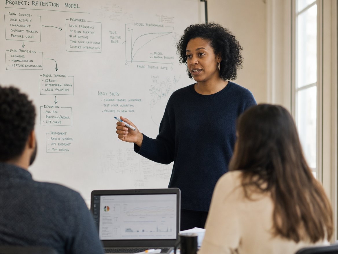 A person explaining diagrams on a whiteboard to two colleagues