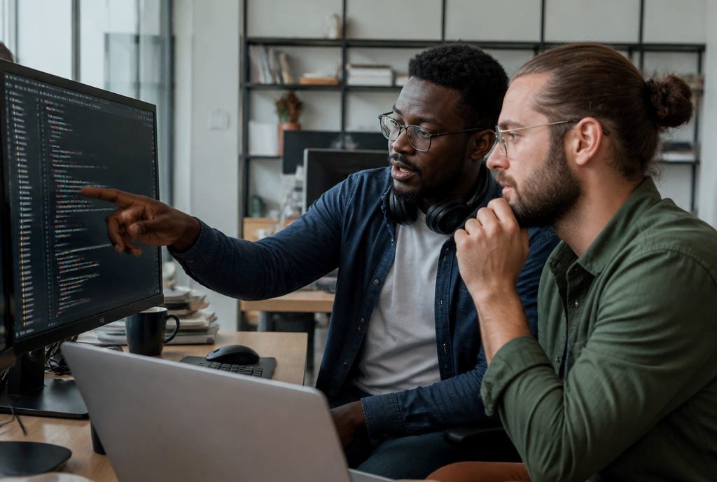 Deux développeurs en revue de code devant un écran partagé, dans une lumière chaude de bureau