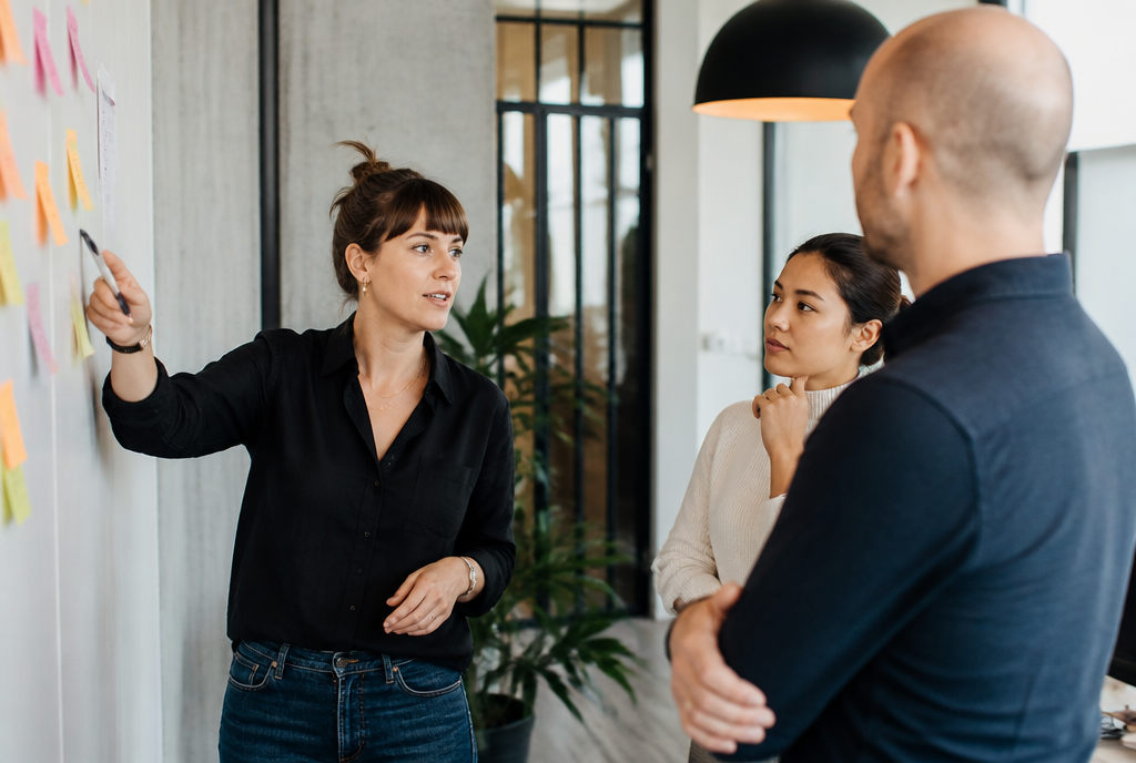 A person facilitating a workshop in front of a wall of sticky notes, two colleagues listening