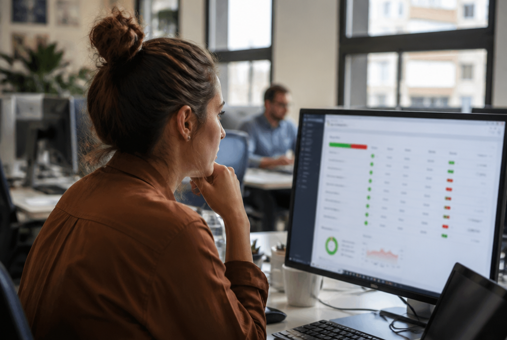 Une ingénieure QA devant un écran de résultats de tests automatisés, dans un bureau chaleureux