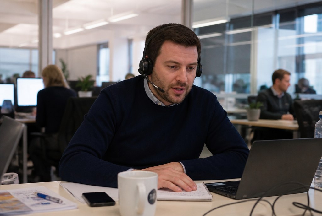 Un commercial au casque en visioconférence, souriant, bureau lumineux en arrière-plan