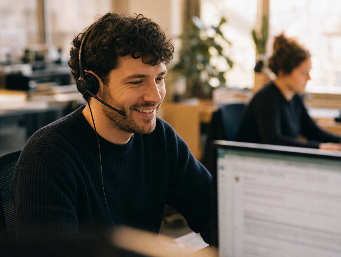 Un technicien support souriant au casque, une collègue en arrière-plan