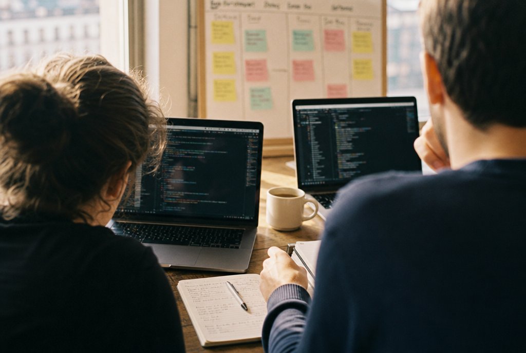 Two people seen from behind in a working session, laptops open in front of a tracking board