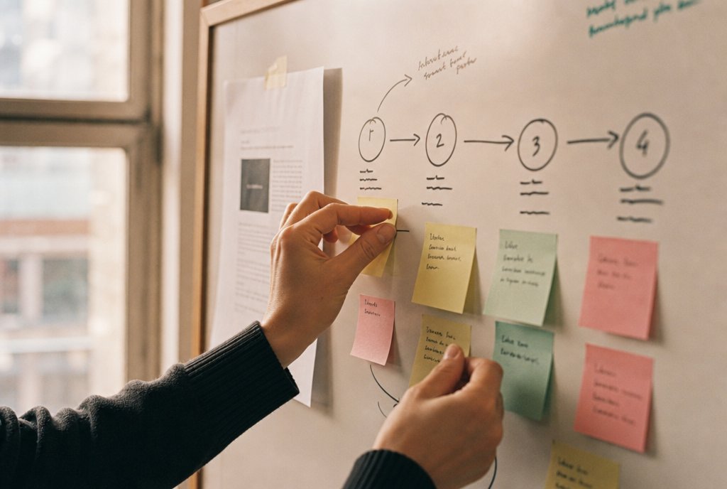 Des mains posant des post-its sur un tableau blanc portant une frise en quatre étapes